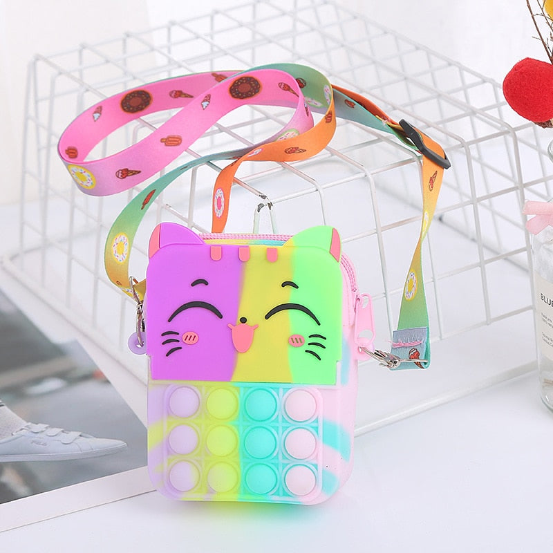 Unicorn Pop Antistress Toys Silicone Push Pop Bubble Bag Unicorn Crossbody Bag Reliver Autism Handbag Coin Pouch Purse for Kids