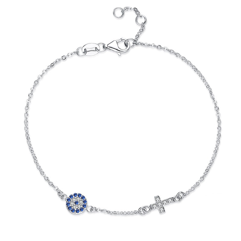 Kaletine Charm Blue Evil Eye Cross Bracelet 925 Sterling Silver Small Bracelets For Women Hamsa Good Luck CZ Jewelry KLTB056