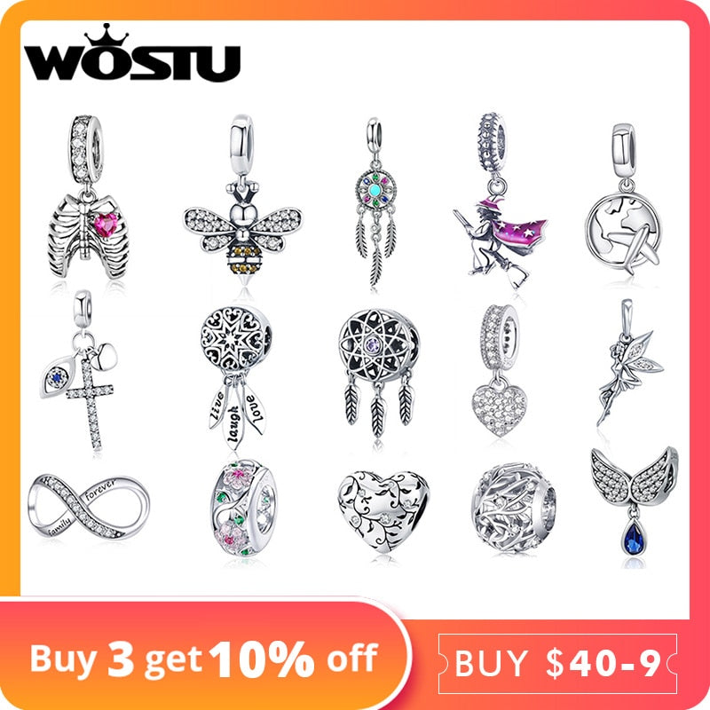 WOSTU 925 Sterling Silver Animal Cat Charm Pendant Heart Family Ladybug Bee Beads Fit Original Bracelet DIY Jewelry For Women