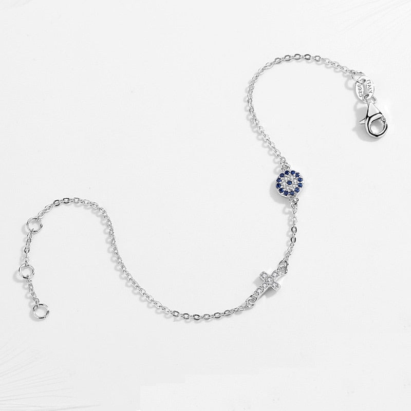 Kaletine Charm Blue Evil Eye Cross Bracelet 925 Sterling Silver Small Bracelets For Women Hamsa Good Luck CZ Jewelry KLTB056