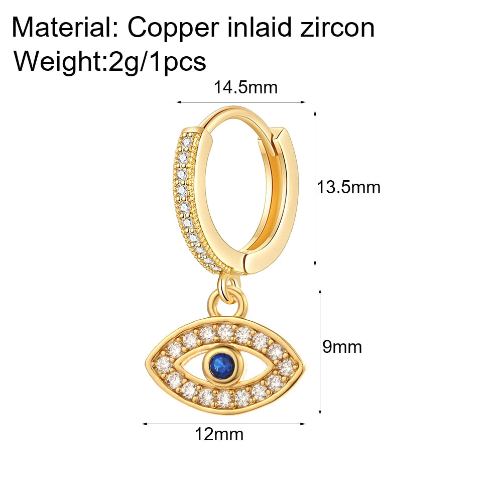 Cute Heart Turkish Evil Blue Eye Hoop Earrings for Women Gold New In 1pcs Single Ear Ring Zircon Korean Fashion Free Shipping