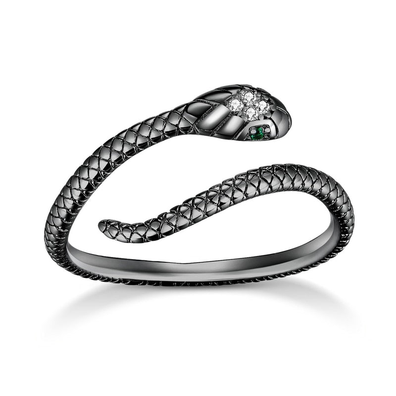 bamoer Sterling Silver Platinum Plated Adjustable Ring, Green Zircon Retro Textures Snake Ring Fashion Jewelry SCR666