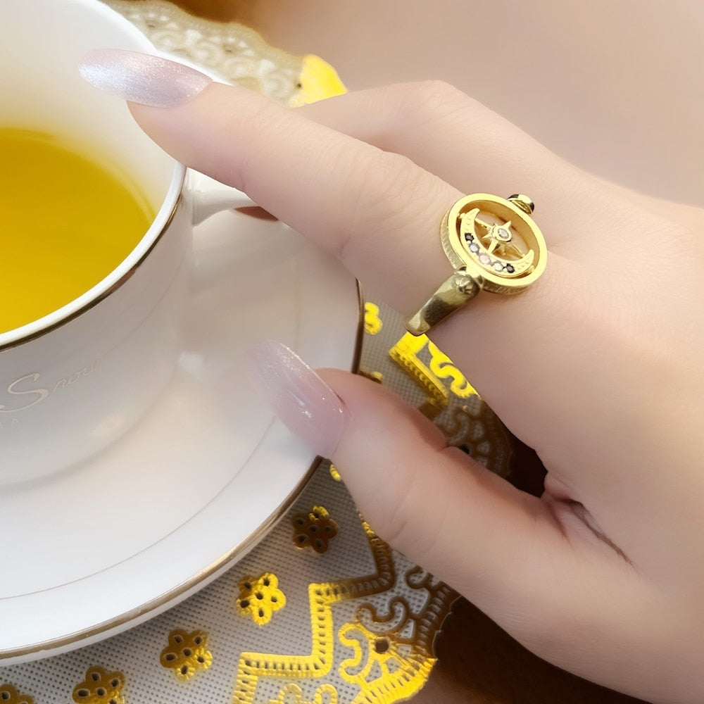 Ring Royalty Star &amp;amp; Moon Gold,Europe Fine Jewerly For Elegance Women,2022 Spring Bohemia Gift In 925 Sterling Silver