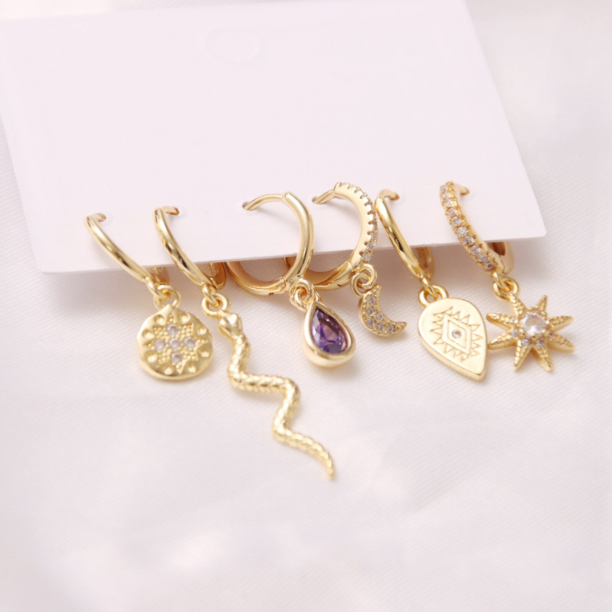 6 Pcs Fashion Exquisite Pearl Star Moon Enamel Zircon Dangle Earrings Set Korean Style Small Hoop Earring For Women Jewelry Gift