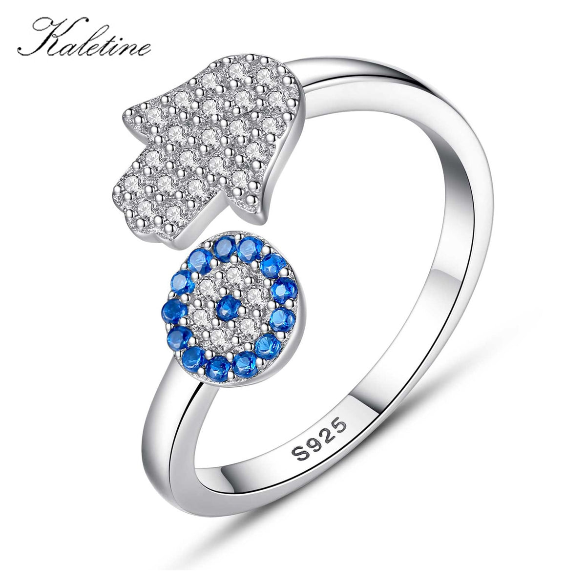 KALETINE 925 Sterling Silver Evil Eye Blue Eye Hamsa Hand Fatima Hand Adjustable Female Rings Open Size Ring Wedding Jewelry