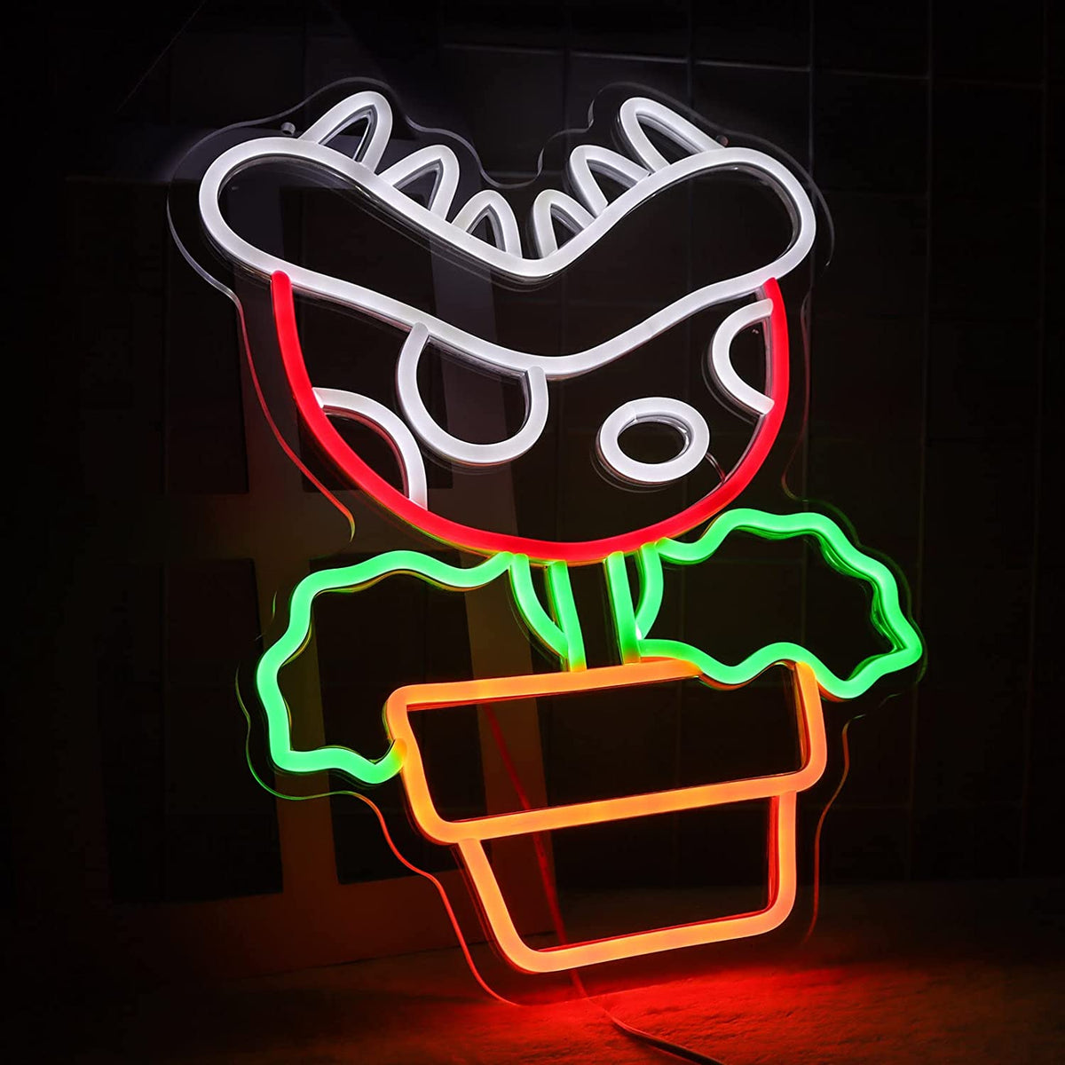 Mario Piranha Plant Neon Sign USB Powered, Flower LED Neon Light Sign Dimmable Night Light, for Bedroom Man Cave Gamer Room Deco