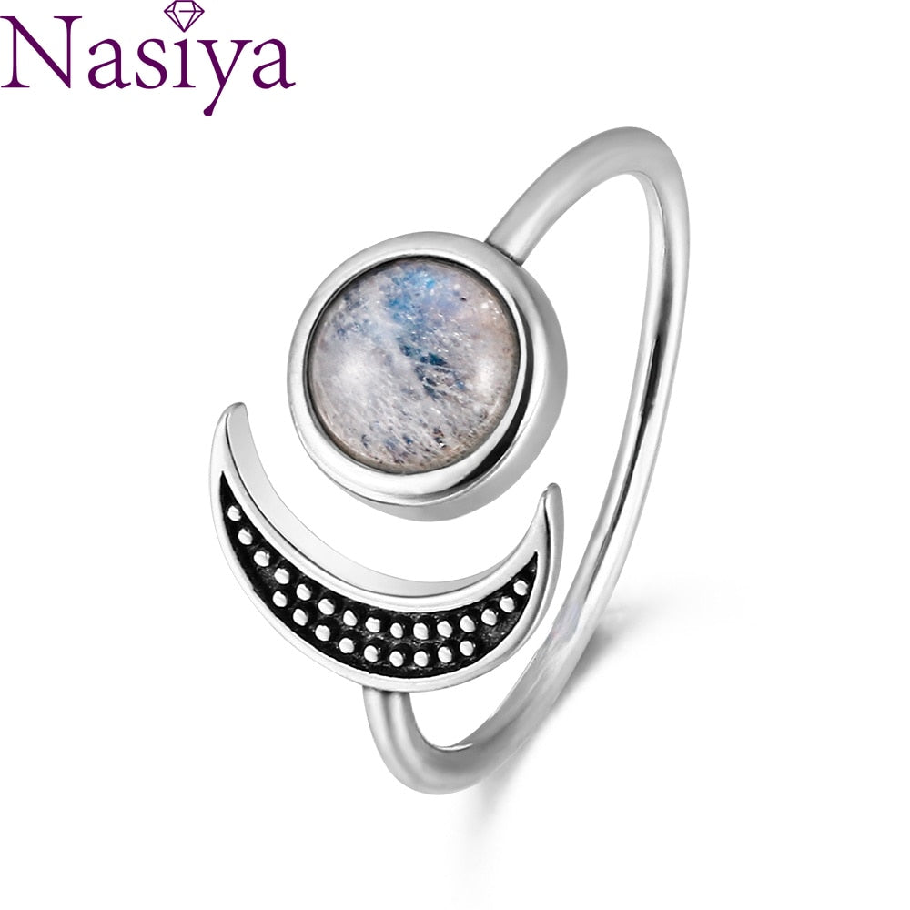 Nasiya Sweet Romantic Moon Adjustable Rings With Natural Moonstone For Women Silver Jewelry Mother&#39;s Day Gift