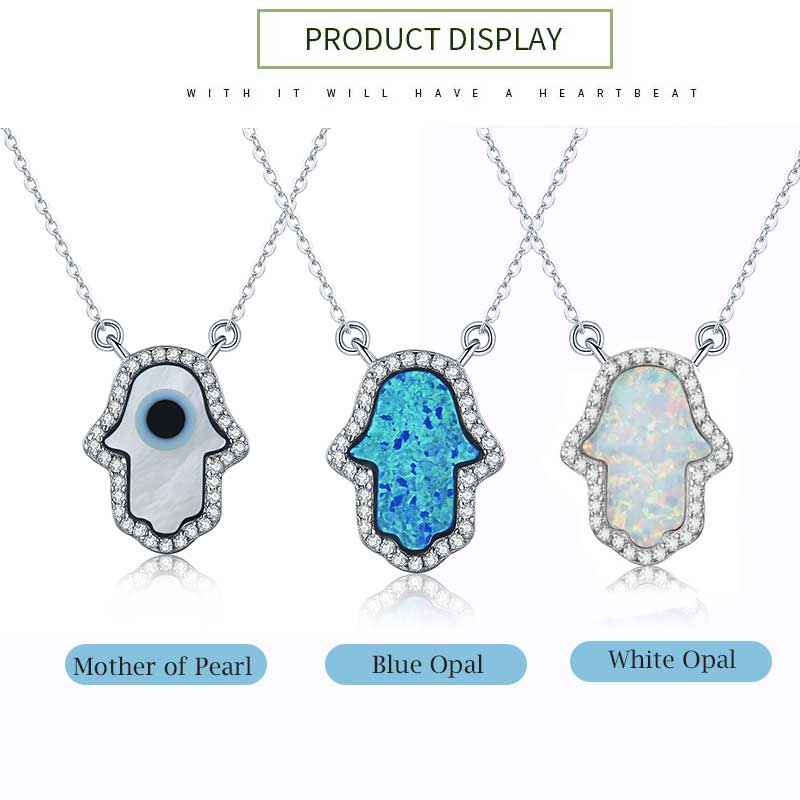 KALETINE Opal Hamsa Hand of Fatima Charm Genuine 925 Sterling Silver Pendant Necklace Jewelry Long Chain Necklace KLTN022