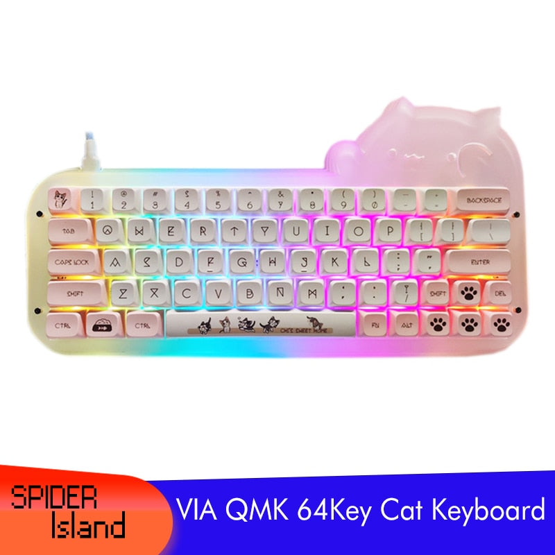 VIA Keyboard 64 Key Programmable Mechanical Keypad RGB Backlight Cut Cat Transparent Full szie Macro keyboard Hot swappable