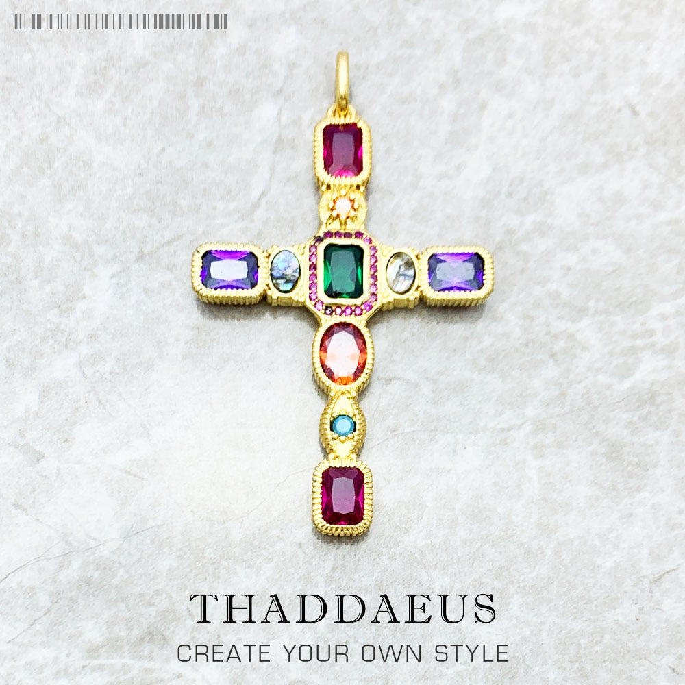 Golden Colourful Cross Pendant Brand New Fashion Jewelry Europe 925 Sterling Silver Vintage Gift For Woman