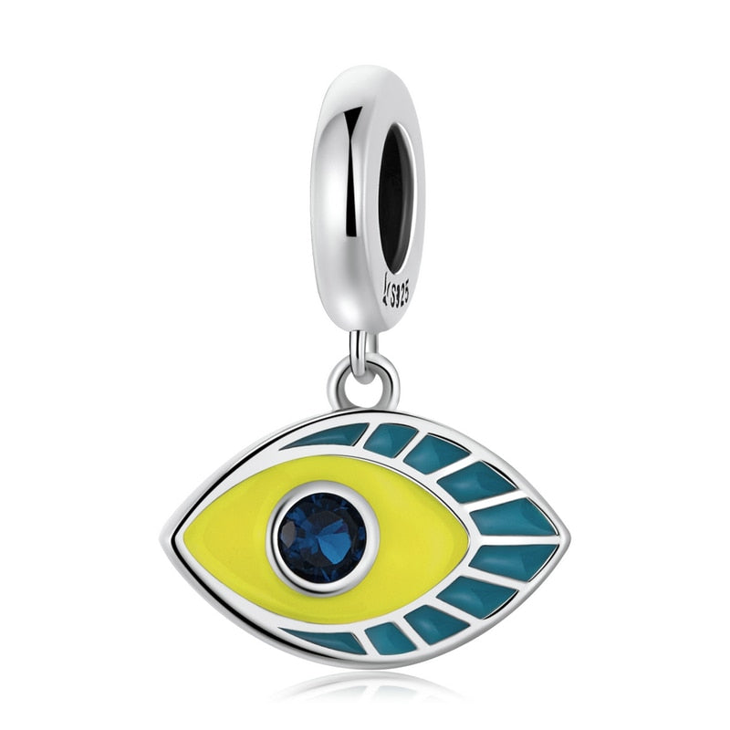 BISAER 925 Sterling Silver Vintage Blue Demon Eye Charm Bead Hand of Fatima Pendant Fit Woman Original Bracelet Fine DIY Jewelry