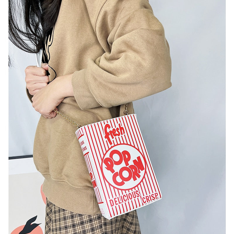 Popcorn Red Stripe Design Chain Shoulder Crossbody Bag for Women Fashion Girl&amp;#39;s Purses and Handbags Novelty Clutch Bag Pu Leathe