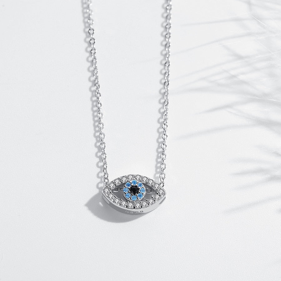 KALETINE Fashion Charm 925 Sterling Silver Necklace Luck Turkey Blue Evil Eye Blue Rhinestone Eye Choker Necklace For Women