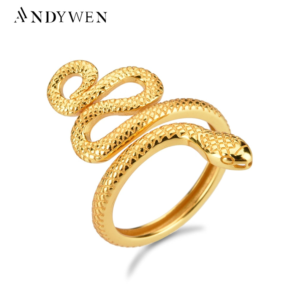 ANDYWEN 925 Sterling Silver Gold Adjustable Snake Rings Big Animal Resizable Luxury New Round Circle Women Fine Ring Jewelry