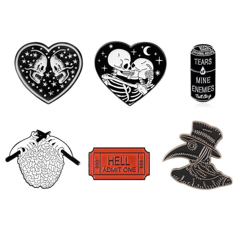 Punk Collection Enamel Pins Dark Black Brooch Plague Doctor Heart Wine Hell Badge Denim Shirt Lapel Pin Gothic Jewelry Gift