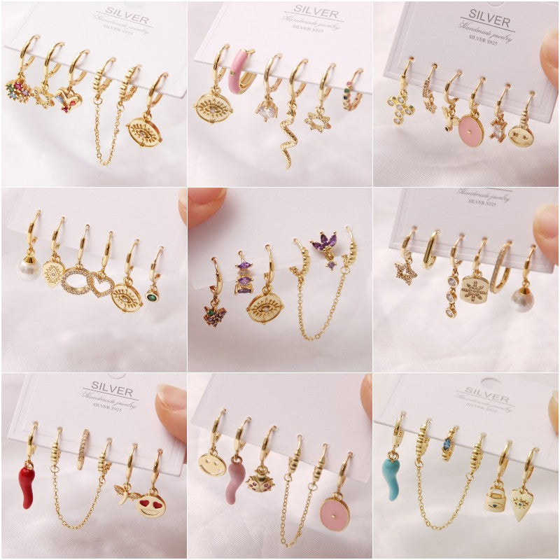 6 Pcs Fashion Exquisite Pearl Star Moon Enamel Zircon Dangle Earrings Set Korean Style Small Hoop Earring For Women Jewelry Gift