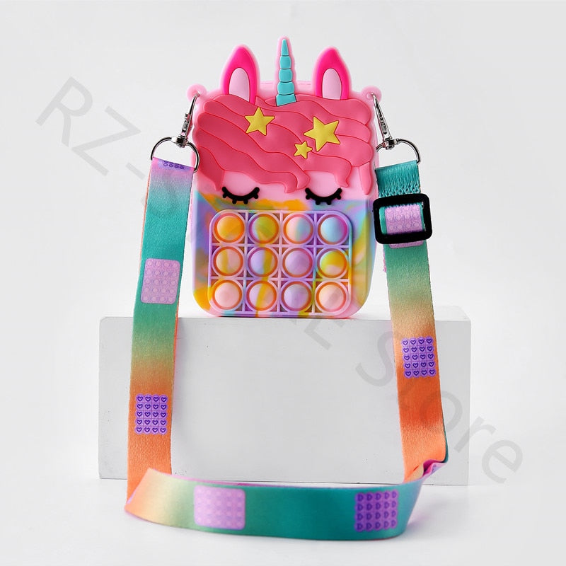 Unicorn Pop Antistress Toys Silicone Push Pop Bubble Bag Unicorn Crossbody Bag Reliver Autism Handbag Coin Pouch Purse for Kids