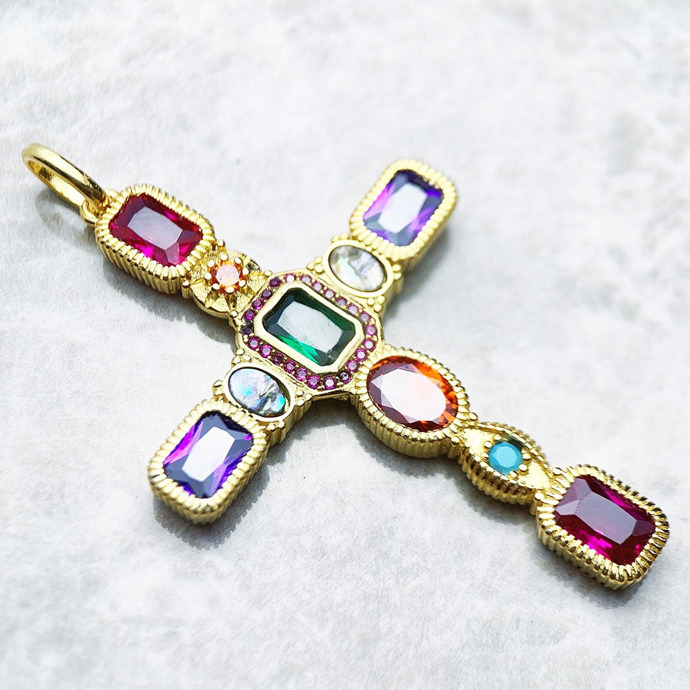 Golden Colourful Cross Pendant Brand New Fashion Jewelry Europe 925 Sterling Silver Vintage Gift For Woman