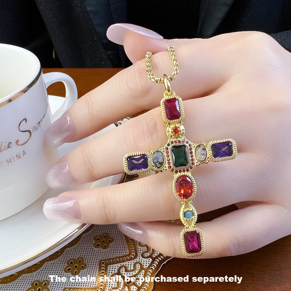 Golden Colourful Cross Pendant Brand New Fashion Jewelry Europe 925 Sterling Silver Vintage Gift For Woman