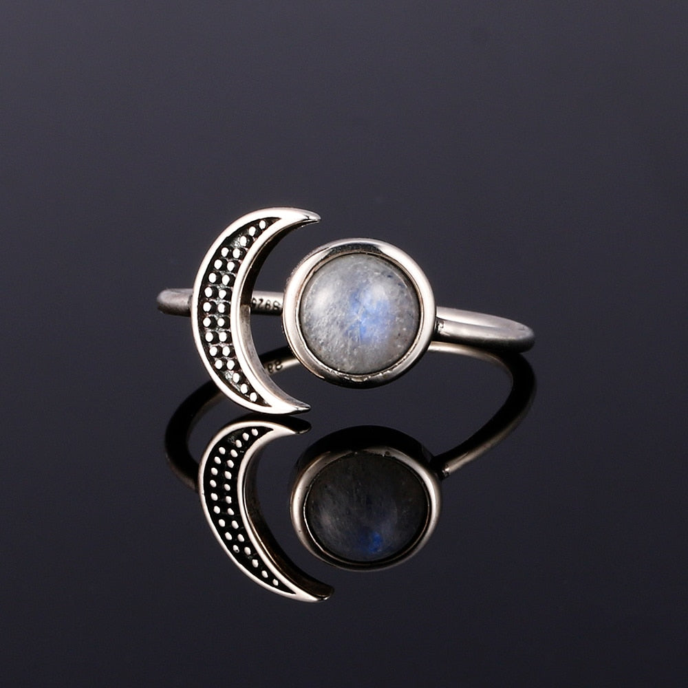 Original Design Moon Shape Adjustable Open Ring Natural Moonstone Female Top Fashion Silver Jewelry Wedding Ring Wholesale