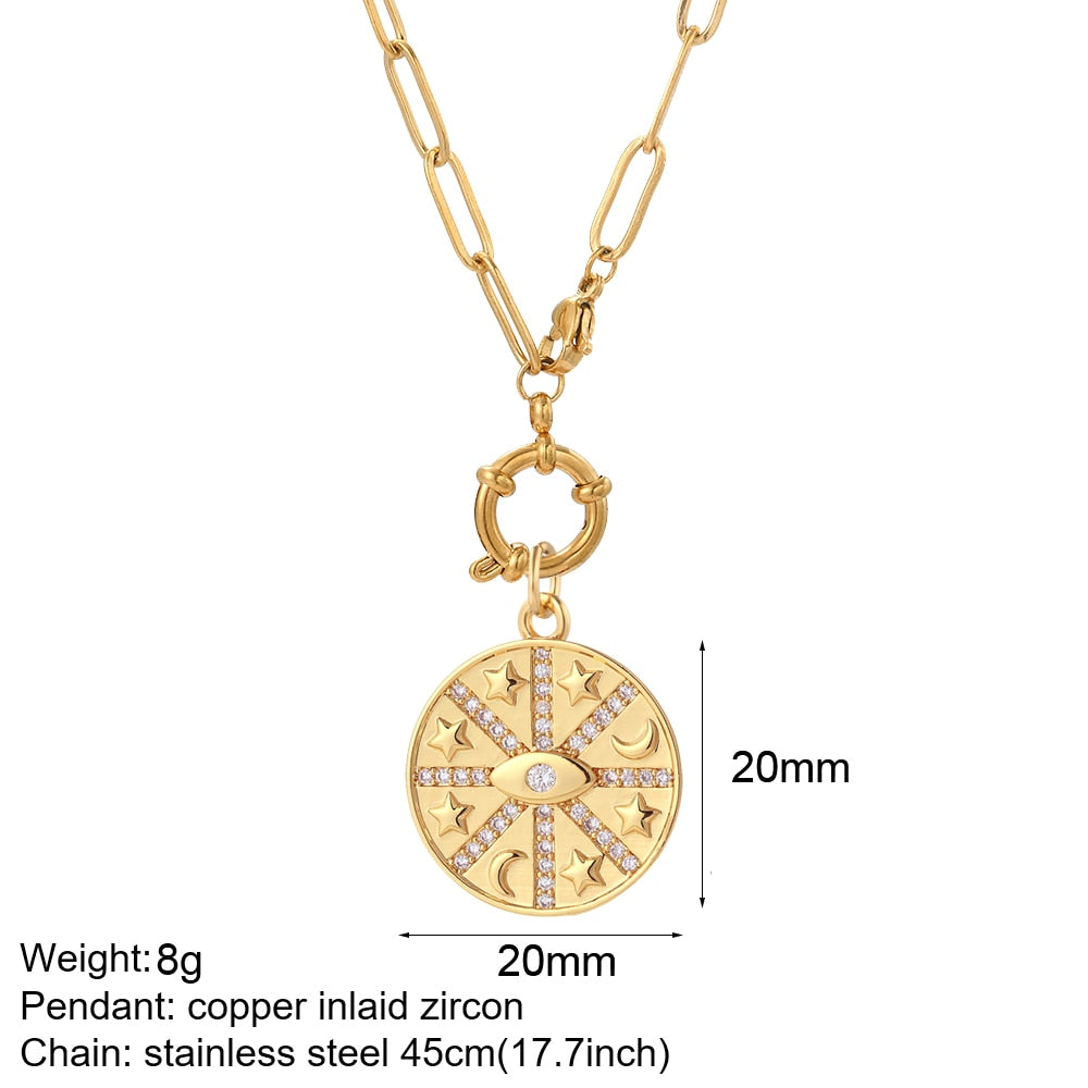 Cute Heart Sun Moon Star Evil Blue Eye Necklace for Women Gold Color Dijes Rainbow Red Love Pendant Long Stainless Steele Chains