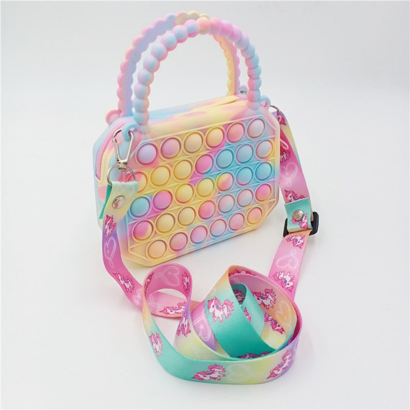 Unicorn Pop Antistress Toys Silicone Push Pop Bubble Bag Unicorn Crossbody Bag Reliver Autism Handbag Coin Pouch Purse for Kids