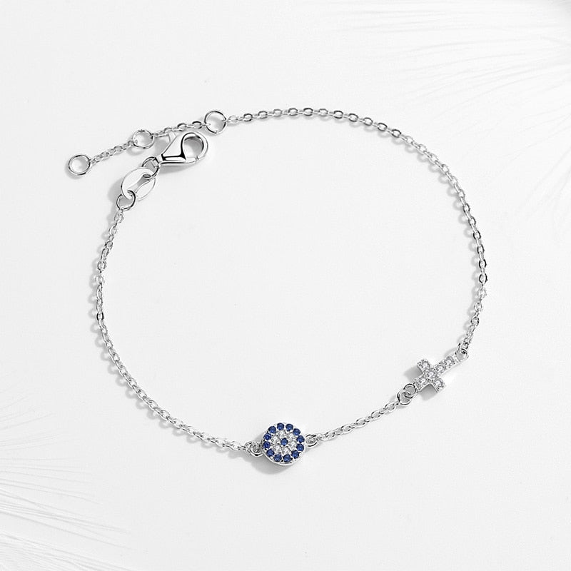 Kaletine Charm Blue Evil Eye Cross Bracelet 925 Sterling Silver Small Bracelets For Women Hamsa Good Luck CZ Jewelry KLTB056