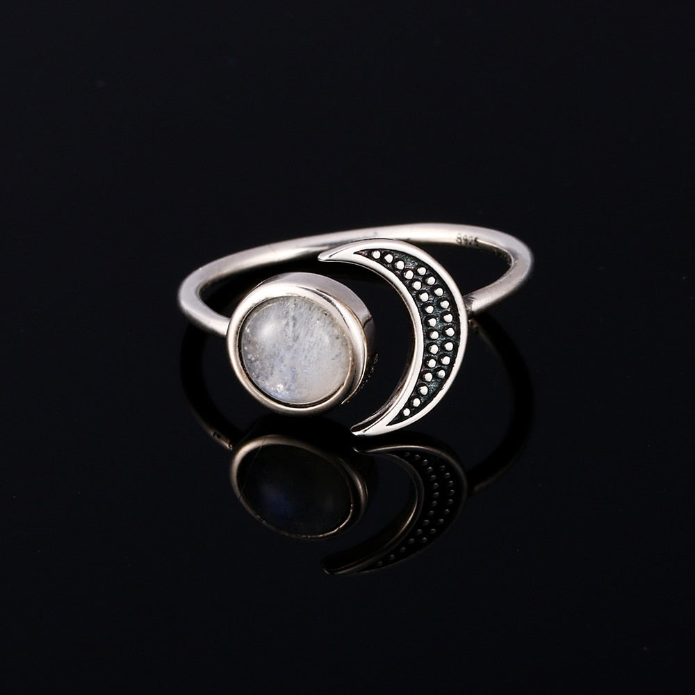 Original Design Moon Shape Adjustable Open Ring Natural Moonstone Female Top Fashion Silver Jewelry Wedding Ring Wholesale