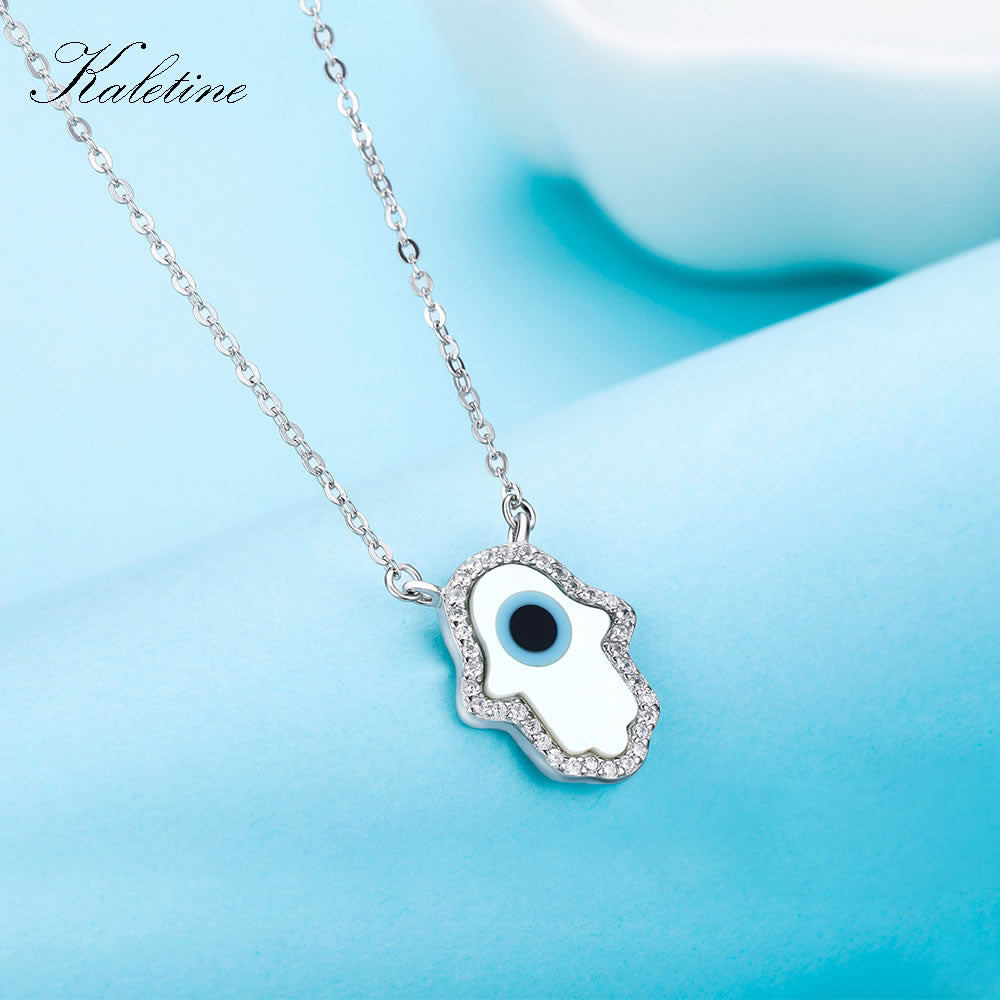 KALETINE Opal Hamsa Hand of Fatima Charm Genuine 925 Sterling Silver Pendant Necklace Jewelry Long Chain Necklace KLTN022