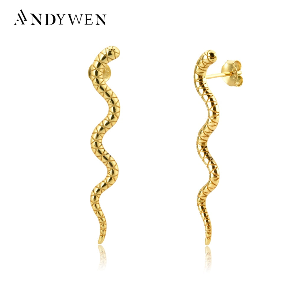 ANDYWEN 925 Sterling Silver Gold Long Line 40cm Vivid Snake Stud Earring BoA Piercing Ohrringe Pendiente 2020 Fine Jewelry