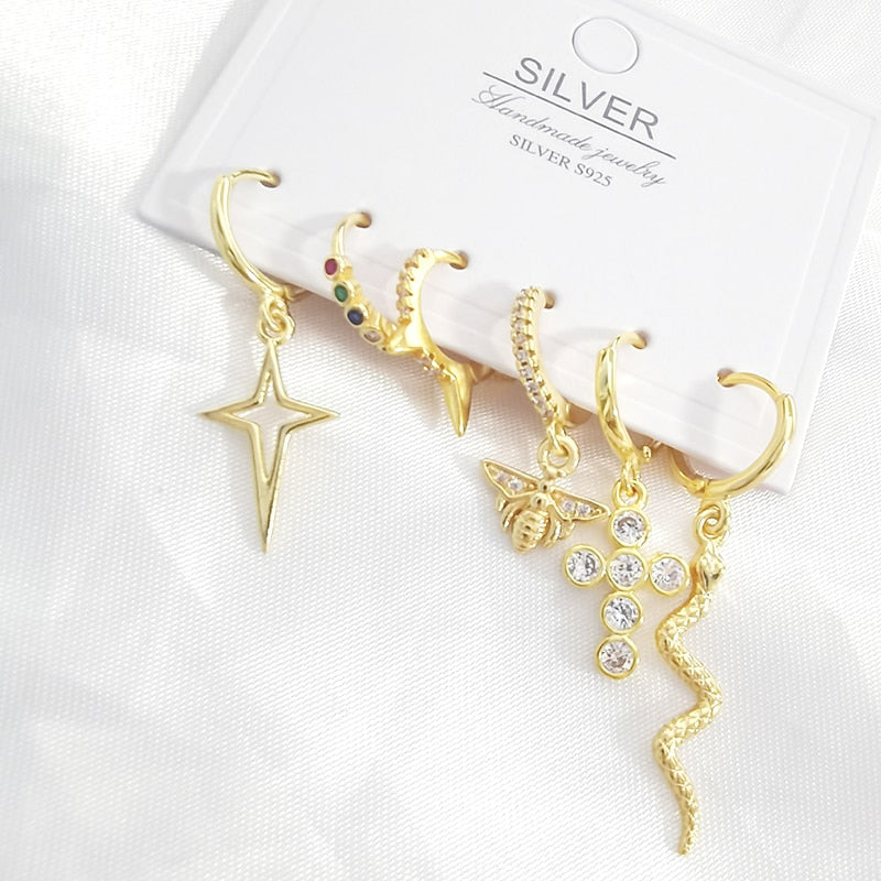 6 Pcs Fashion Exquisite Pearl Star Moon Enamel Zircon Dangle Earrings Set Korean Style Small Hoop Earring For Women Jewelry Gift