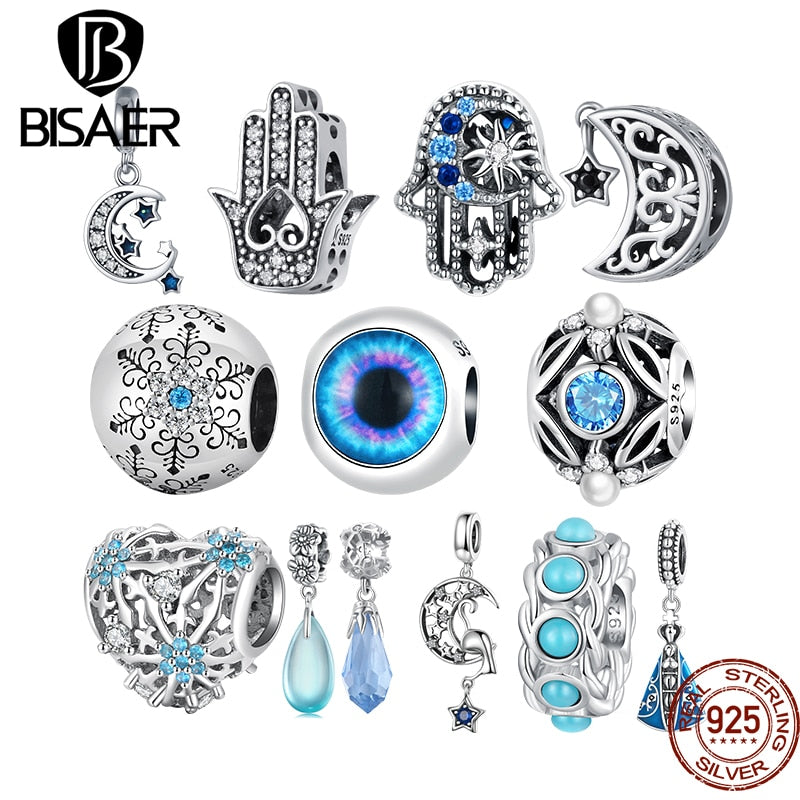 BISAER 925 Sterling Silver Bizarre Eye Charm Hand of Fatima Pendant  Pattern Blue Zircon Bead Fit Diy Bracelet Necklace Jewelry