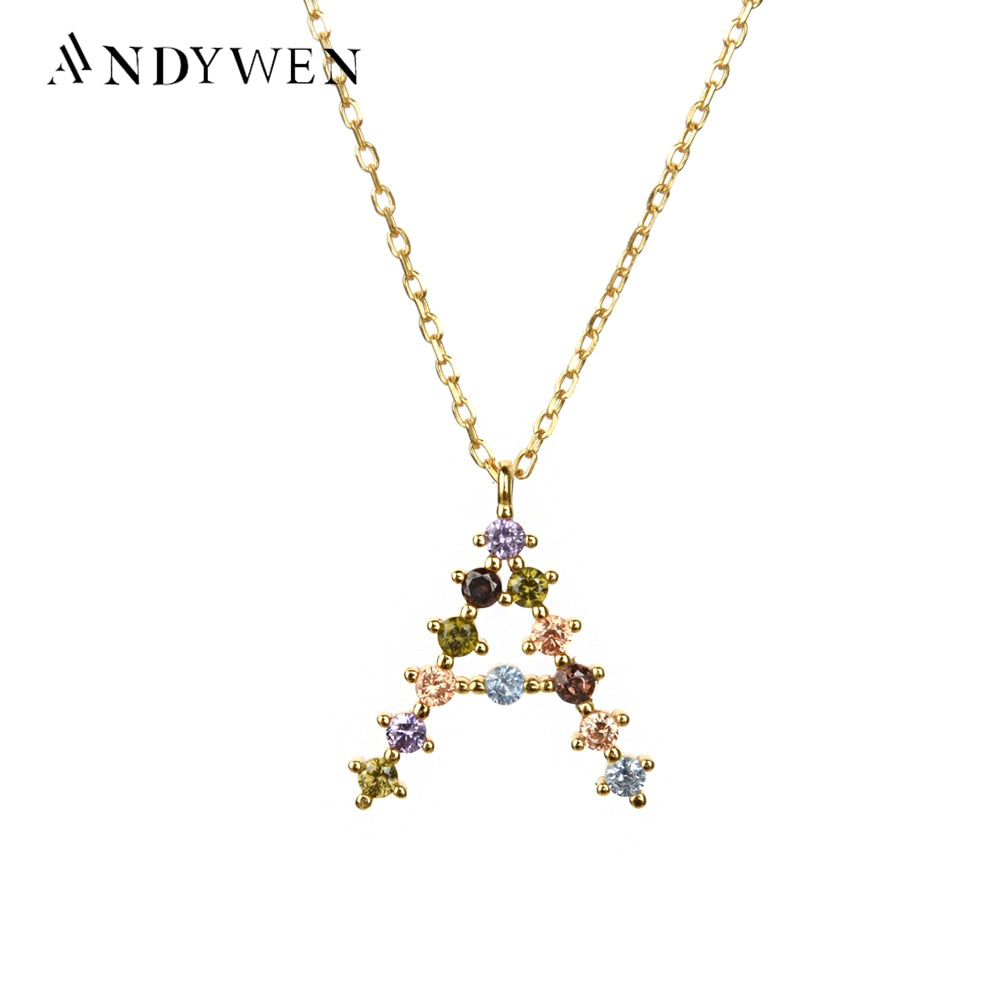 ANDYWEN 925 Sterling Silver Gold Colorful Rainbow CZ Letter Initial Alphabet Pendant Neacklace For Women Purple Crystal Jewelry