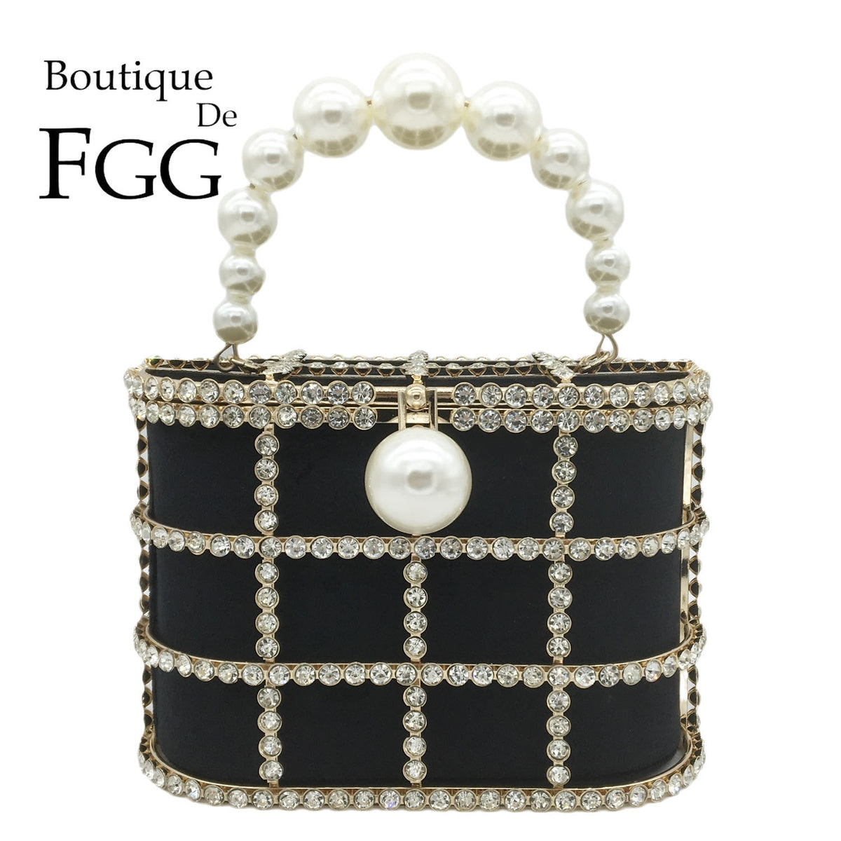 Boutique De FGG Pearl Top-Handle Women Metal Bucket Bag Crystal Evening Purses and Clutches Formal Wedding Shoulder Handbags