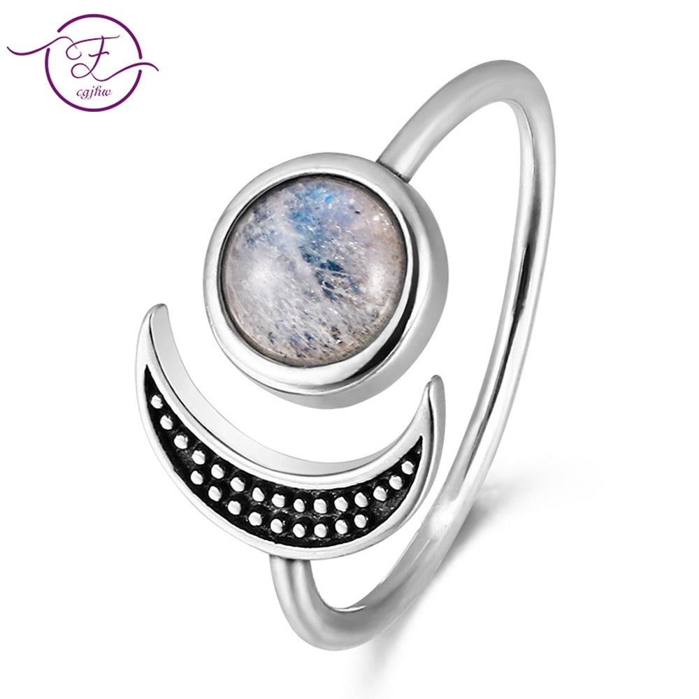 Original Design Moon Shape Adjustable Open Ring Natural Moonstone Female Top Fashion Silver Jewelry Wedding Ring Wholesale