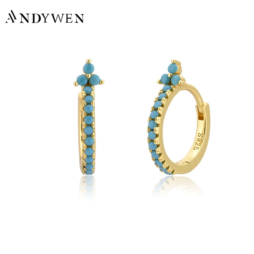 ANDYWEN 925 Sterling Silver Turquoise Hoops Earring Piercing Luxury Zircon CZ Round Loops Ohrringe Pendientes Fashion Fine Jewel